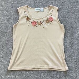 Vintage Shenanigans Beige Floral Embroidered/ Crochet Tank Top Sz. L